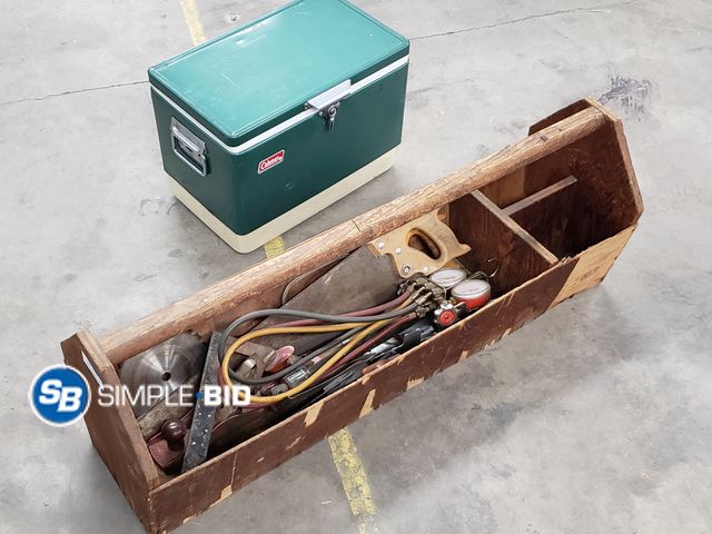 Lot 58-56622 - Large Wooden Tool Box with Various Old Tools, Saws and More  &amp; Vintage Cooler