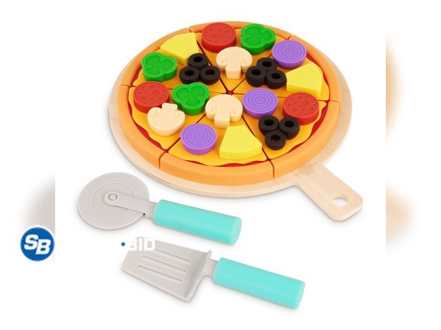 Lot 58-60818 - New Battat Pizza by The Slice Plastic Set 7 Multicolor Toppings and Wooden Board, Toddler and Presch...