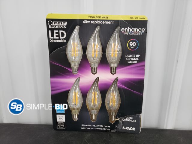 Lot 58-30412 - Feit Electric LED Dimmable 40w replacement Clear Chandelier lights. 6 pack, 2700K Soft White. Packag...