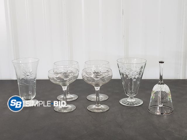 Lot 58-84413 - Lot of (6) Thin-Glass Wine Goblets and (1) Glass Bell , Appear Vintage