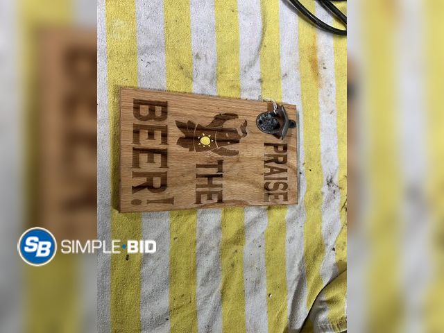 Lot 58-33937 - "Praise the Beer" Bottle  Oopener Wood Sign