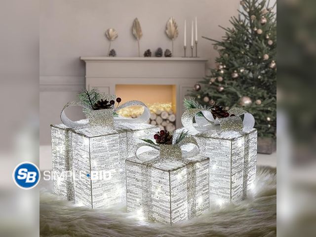 Lot 58-29444 - New Set of 3 Christmas Lighted Gift Boxes, Pre-lit 60LED Light Up Present Boxes Ornament, Sliver Box...