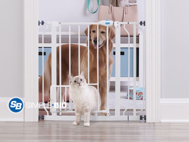 Lot 58-27464 - Carlson Pet Gate, Extra Wide Walk-Through, Small Pet Door Included, Adjustable, Durable, Metal, Whit...