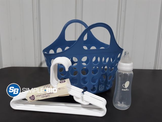 Lot 58-28354 - Cute Little Basket with 10 Pack of Infant Toddler White Hangers and EvenFlo 8 oz. Bottle - New