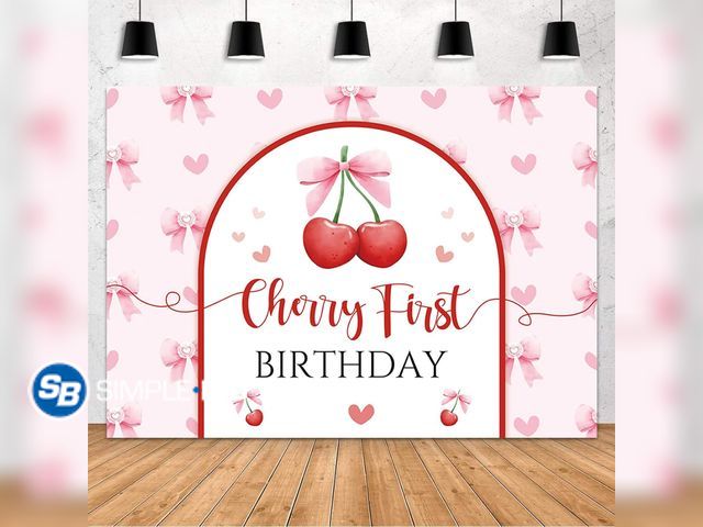 Lot 58-59892 - New MEHOFOND 7x5ft Cherry First Birthday Backdrop for Girl Pink Cherry Themed Happy Birthday Photogr...
