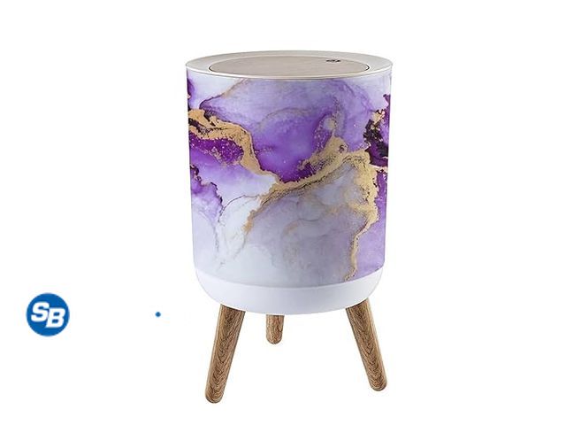 Lot 58-32023 - New Small Trash Can with Lid Purple gold abstract of marble liquid ink art painting on paper Image R...