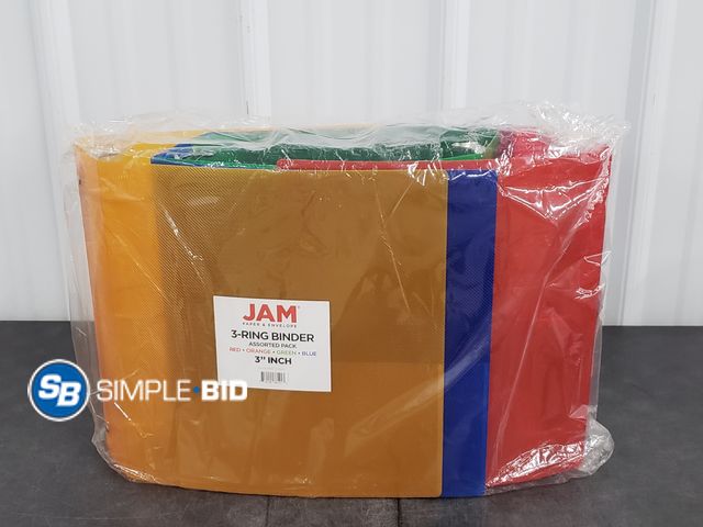 Lot 58-51721 - Lot of (4) Jam Paper Plastic 3" Binders Red, Blue, Orange and Green