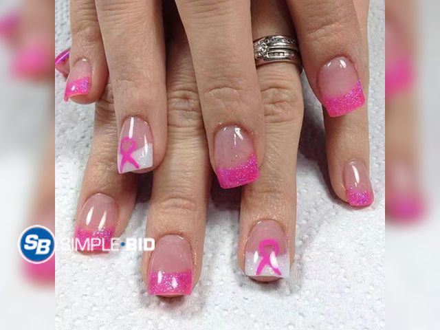 Lot 58-67581 - New Breast Cancer Awareness Press on Nails Short Square Breast Cancer Fake Nails Pink Ribbon Acrylic...