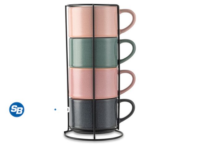 Lot 58-37486 - New Thyme &amp; Table 4 Pack Stacking Mugs, Reactive Mix of Colors 11.1 fl oz, Stoneware