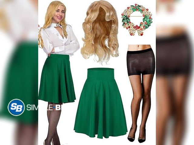 Lot 58-60146 - New Maiteenly 4 Pcs 1980s Christmas Movie Costume Women Blonde Wig Wreath Brooch Green Skirt Tights ...