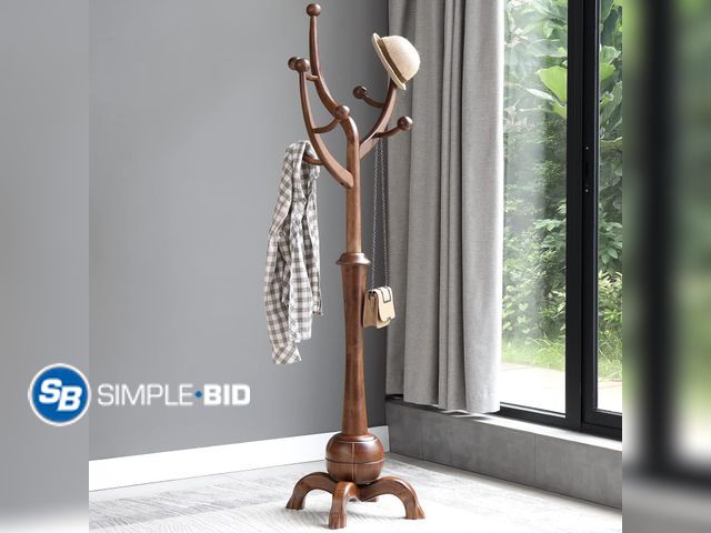 Lot 58-76053 - Bekrvio Coat Rack Freestanding Wood Coat Tree Rack with 8 Hooks, Walnut - appears unused in box - Re...