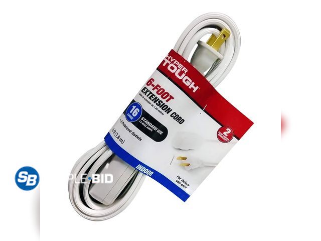 Lot 58-26868 - New Hyper Tough 6FT 16AWG 2 Prong White Indoor Household Extension Cord, 125V, 13A