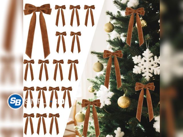 Lot 58-77724 - New Velvet Bows for Christmas Tree, Christmas Bows for Gift Wrapping | 16Pcs Light Brown Velvet Ribb...