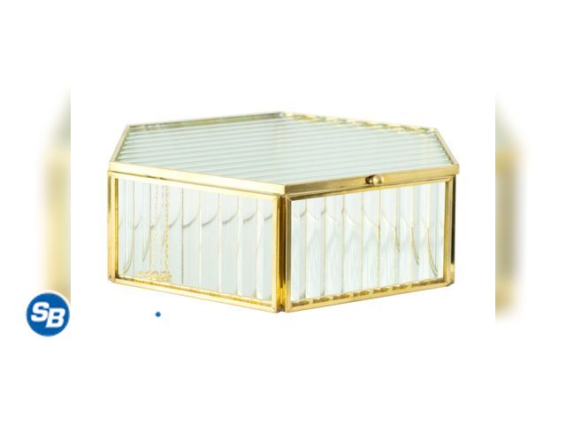 Lot 58-51380 - New Hexagon Ribbed Clear Glass and Brass Hinged Top Jewelry Box