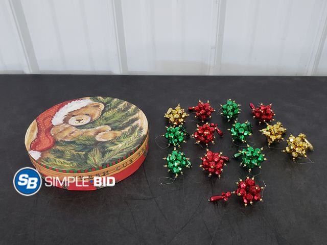 Lot 58-84433 - Lot of (13) Shiny Red/Gold/Green Snowflake Ornaments with 8" Round Teddy Bear Box