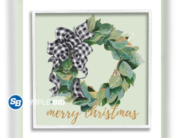 Lot 58-29390 - CHRISTMAS! New Stupell Industries Green Leaf Wreath Merry Christmas Phrase Plaid Bow, 24 x 24,