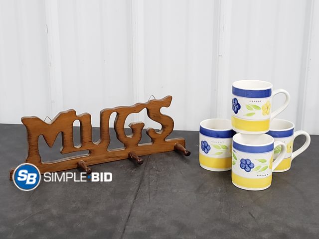 Lot 58-84353 - Matching Set of (4) Gibson Coffee Mugs with Wooden Mug Rack