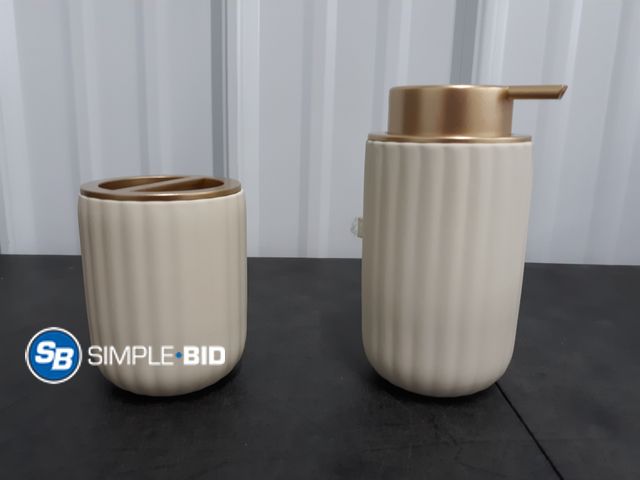 Lot 58-67990 - Cream Color Soap Dispenser and Toothbrush Holder - Appears Unused