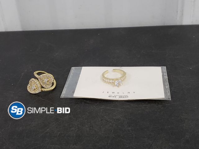 Lot 58-83600 - Lot of (2) New Fashion Rings, Double Heart Design and Center Gem Style, Gold Look
