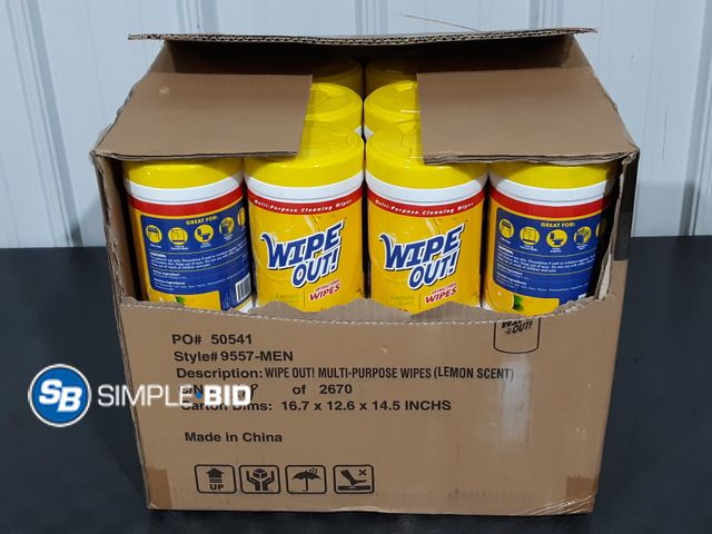Lot 58-35321 - WIPES! BOX of 24 New WIPE OUT Wipes -- 80 wipes in each - LEMON SCENT - multi-surface wipes
