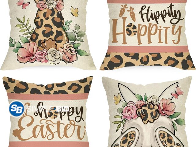 Lot 58-50391 - New Happy Easter Bunny Decorative Throw Pillow Covers 18 x 18 Set of 4, Leopard Peeps Rabbit Hippity...