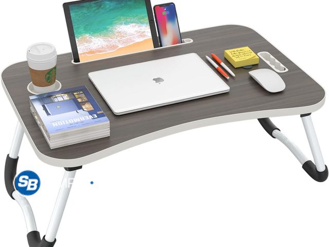 Lot 58-29225 - BUYIFY Folding Lap Desk, 23 Inch Portable Wood Black Laptop Bed Desk Lap Desk with Cup Holder, for W...