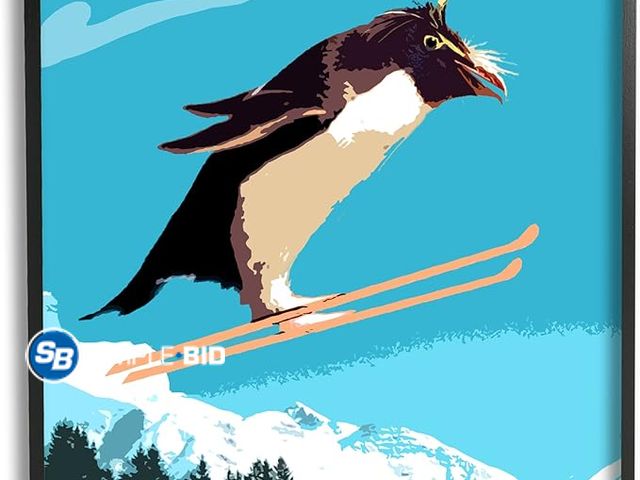 Lot 58-36543 - New Stupell Industries Penguin Skiing Above Trees Winter Sports Illustration, Design by Noah Bay, 24...