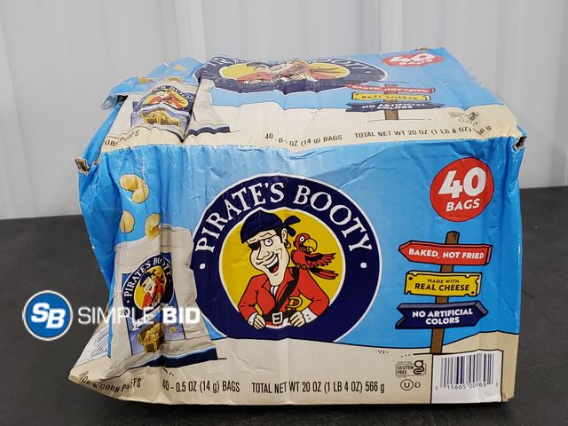 Lot 58-60898 - Pirate's BOOTY Aged White Cheddar Rice and Corn puffs - 40 individually packages - unopened - damage...