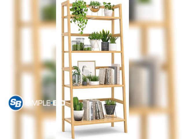 Lot 58-26698 - New Homykic Bamboo Bookshelf 4-Tier Ladder Shelf, 49.2” Freestanding Open Bookcase Book Shelf Bathro...