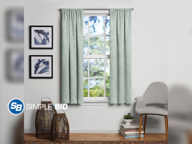 Lot 58-37477 - New Mainstays Shimmer Rod Pocket Blackout Curtain Panel Pair, Set of 2, Soft Sea, 37"W x 63"L