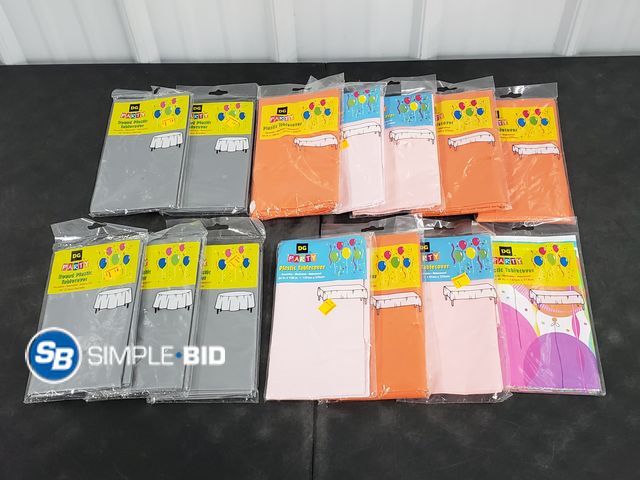 Lot 58-40296 - Lot of (14) New Plastic Table Coverings - various styles for round and square tables and colors