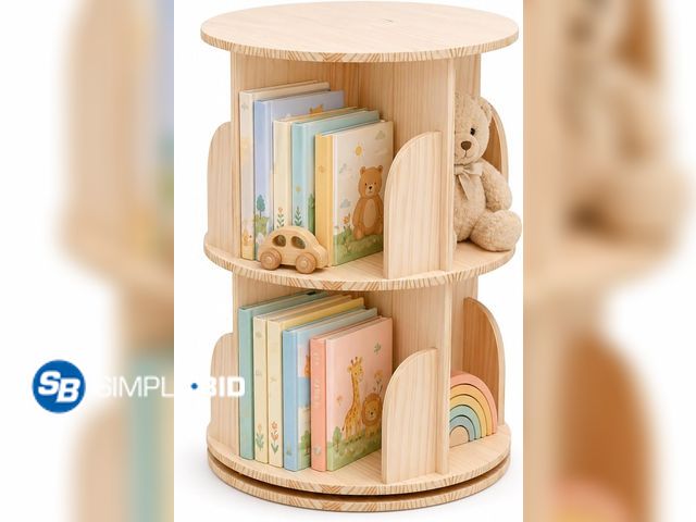 Lot 58-75845 - New Kids 2 Tier Rotating Bookshelf, 360° Swivel Wooden Bookcase Organizer Natural Solid Wood Constru...