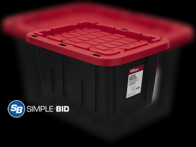 Lot 58-37411 - New Hyper Tough Small Storage Bin, 12 Gallon Plastic Storage Container with Snap-On Lid, Black and R...