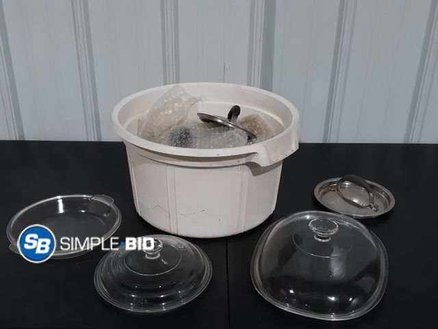 Lot 58-35170 - Wash Tub Full of Misc. Pan Covers and a Glass Pie Plate - Used