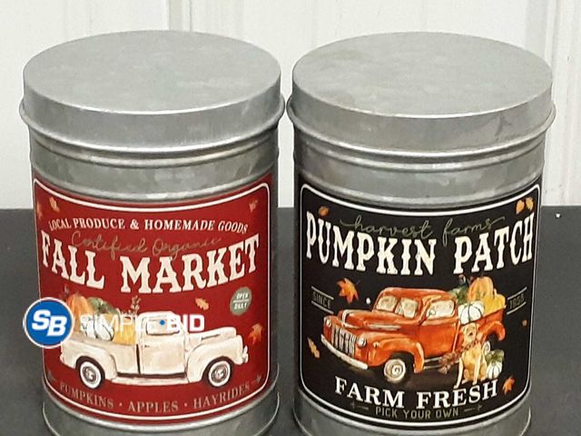 Lot 58-25451 - Lot of (12) New  Fall Themed Decorative Containers - PUMPKIN PATCH &amp; FARM MARKET - 7" Tall x 5" ...