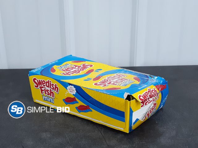 Lot 58-37619 - SWEDISH FISH mini -- individually packaged - unopened - 24 bags - open box - mostly full