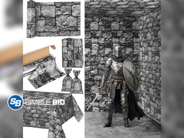 Lot 58-54343 - New Medieval Brick Stone Wall Tablecloth Roll with Cutter Box Disposable Plastic Table Covers Castle...