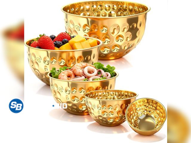 Lot 58-78160 - New 5-Piece Gold Stainless Steel Mixing Bowls Set 4.9/4.2/3.2/2.1/1.6QT, Hammered Design, Food-grade...