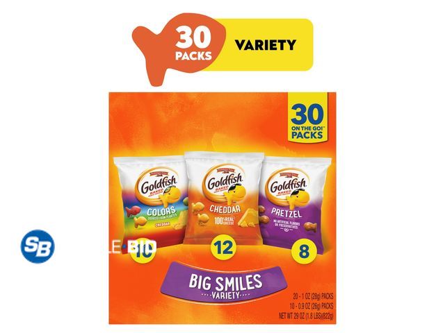 Lot 58-71980 - Goldfish Crackers Big Smiles with Cheddar, Colors, and Pretzel Crackers, Snack Pack, 30 Count Variet...