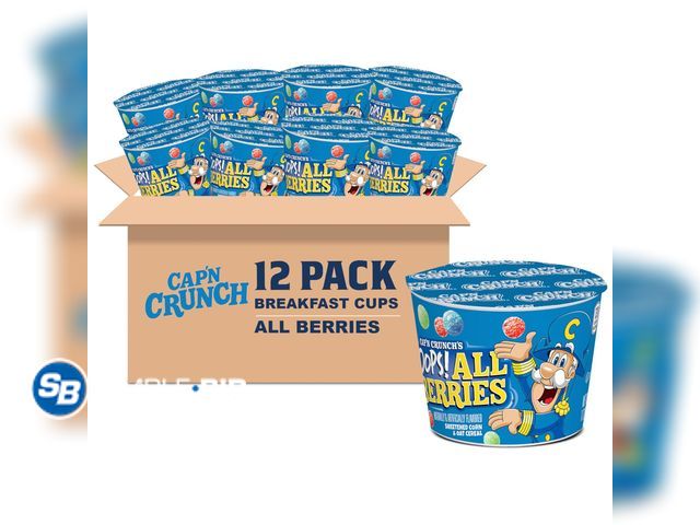 Lot 58-71803 - Cap'n Crunch Breakfast Cereal, Oops All berries, 1.12 Oz Individual Cups (12 Pack) - unopened - expi...