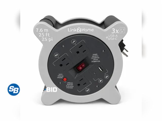 Lot 58-83884 - LINK2HOME CORD REEL 25 ft. EXTENSION CORD 3 OUTLETS &amp; USB-A + USB-C PORTS 16 AWG - appears unuse...