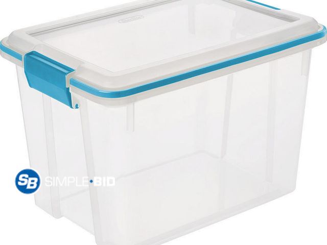 Lot 58-34466 - New Sterilite Small Storage Bin, 20 Quart Clear Plastic Storage Container with Gasket Lid, Blue