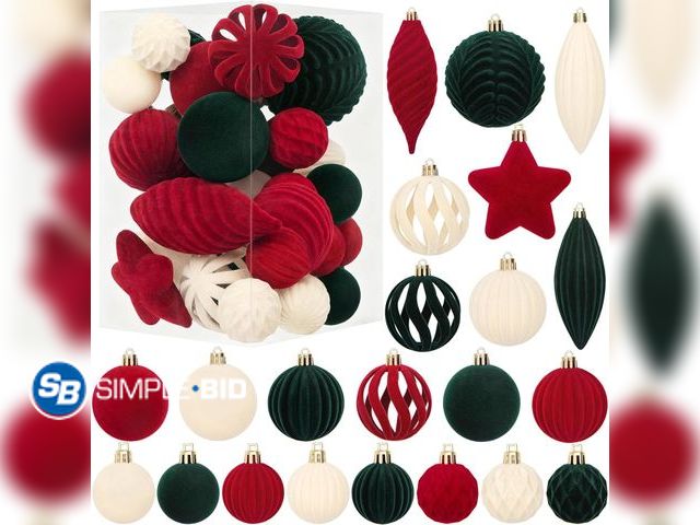 Lot 58-52550 - CHRISTMAS IN JULY! New 32 PCS Velvet Christmas Ball Ornaments Set, Flocked Shatterproof Plastic Asso...