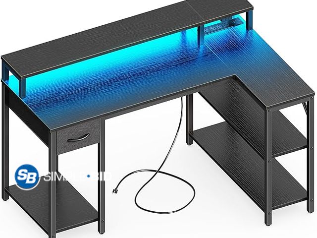 Lot 58-35318 - New SUPERJARE 47 inch Reversible L Shaped Desk with LED Lights &amp; Power Outlets, Computer Desk wi...