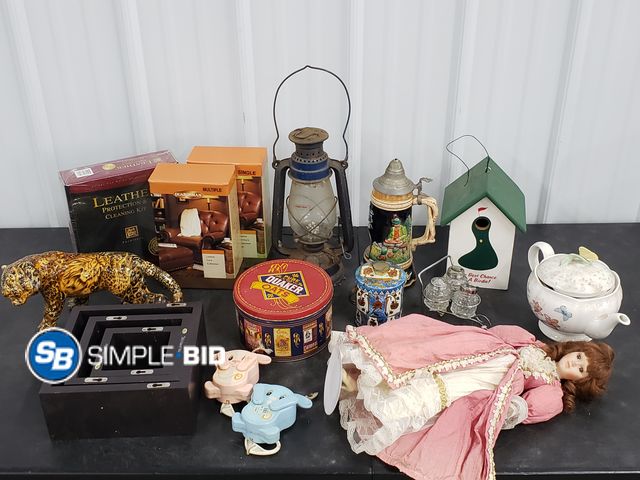 Lot 58-59638 - Large Tote Full of Vintage Tins, Steins, Wooden Bird House (Your best Chance for a BIRDIE! - Decor, ...