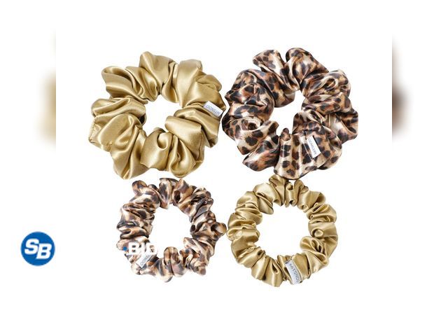 Lot 58-60378 - New MTSNOO Silk Scrunchies, 100% Pure 22 Momme Mulberry, 4 Pack, Gold Leopard, for Curly Hair Care, ...