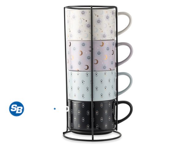 Lot 58-54922 - New Thyme &amp; Table 11.1 fl oz Assorted Celestial Stoneware Stacking Mugs with Wire Rack, Set of 4