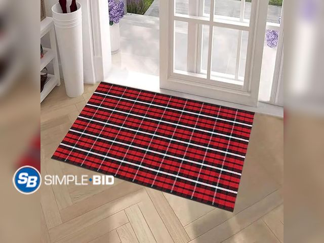 Lot 58-28527 - Red and Black Plaid, 28” x 43” Area Rug Outdoor Indoor Front Porch Doormat Cotton Hand-Woven Layered...