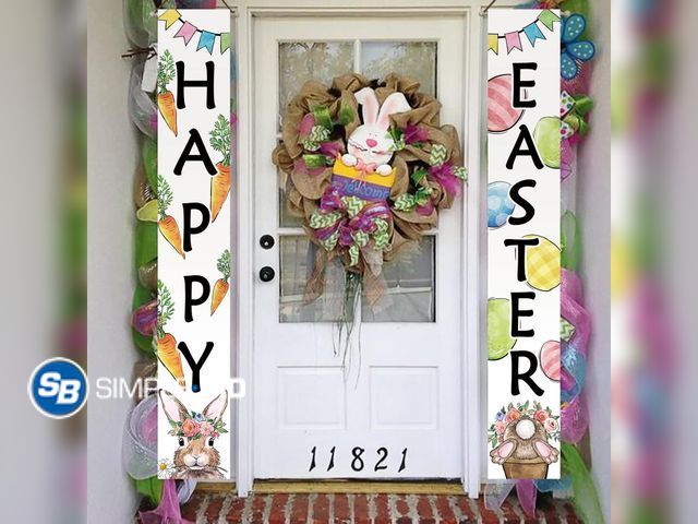 Lot 58-50369 - Lot of (2) Sets of Happy Easter Bunny Rabbit Porch Banner Sign, Eggs Carrot Front Door Decorative Ha...