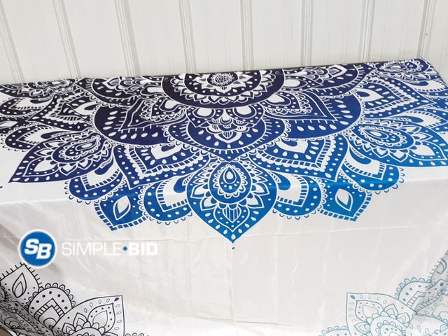 Lot 58-31929 - Shower Curtain of Purples, blues on White Background with Small Purple Tote